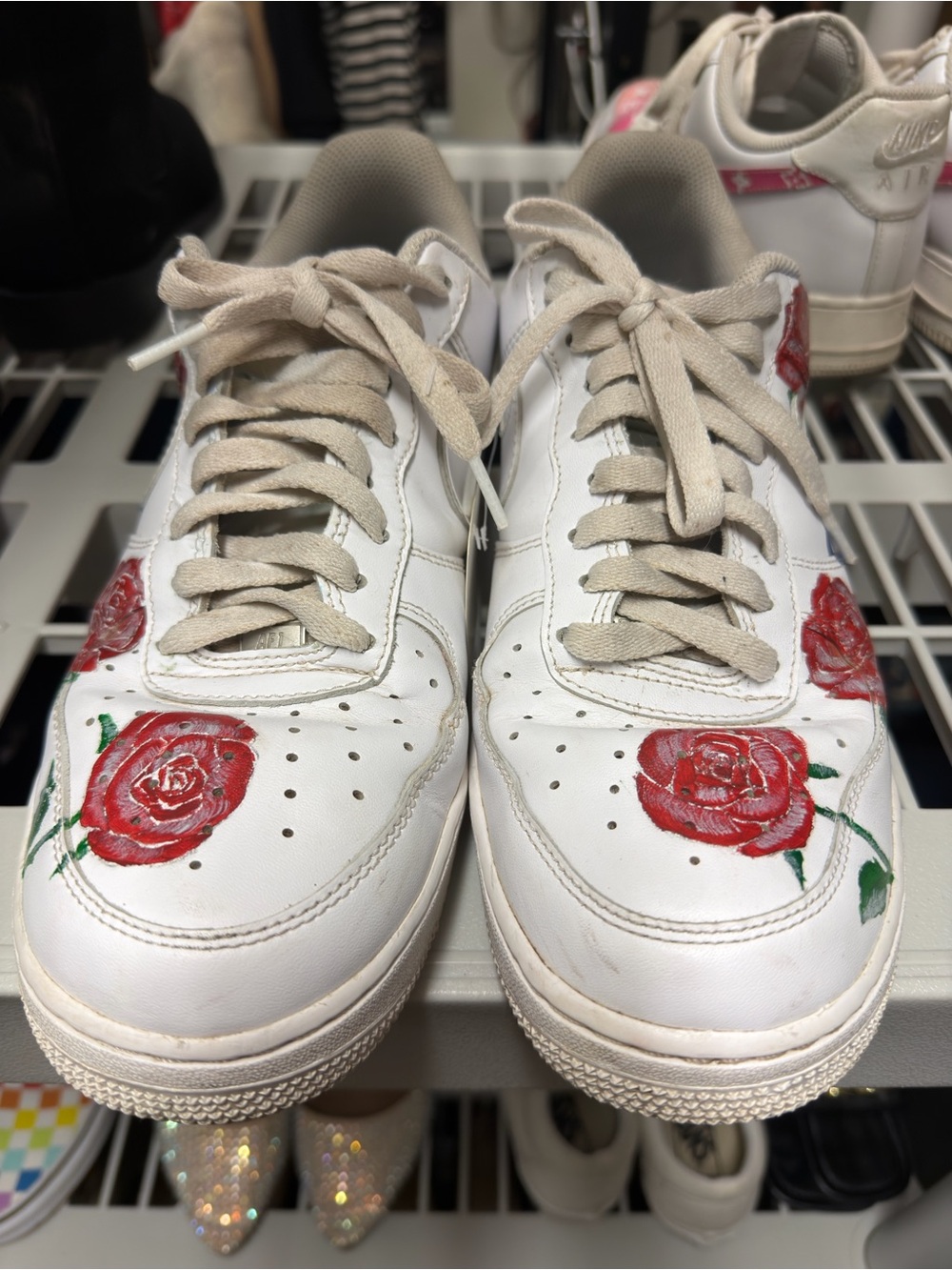 Nike White Sneakers with hand painted Red Rose Gucci design